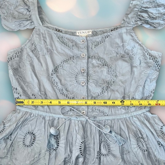 Venus Women’s Blue Boho Embroidered Eyelet Peplum Ruffle Blouse Crop Top Size 6 - Picture 4 of 6